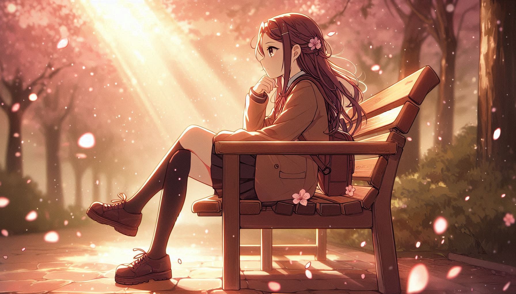 ベンチに座る可愛い女子高生